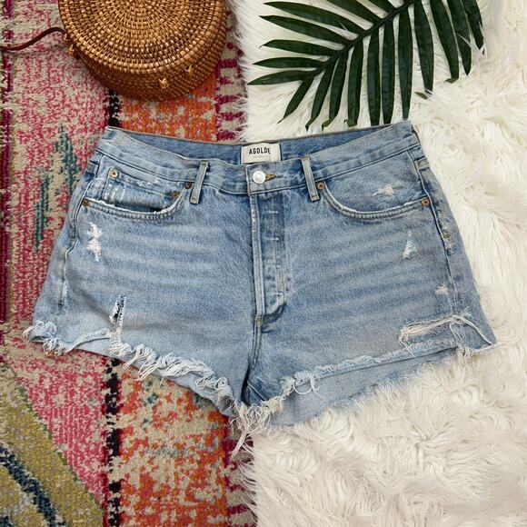 AGOLDE Light Blue Denim Distressed Button Fly Cut Off Jean Shorts 30 - Picture 1 of 8